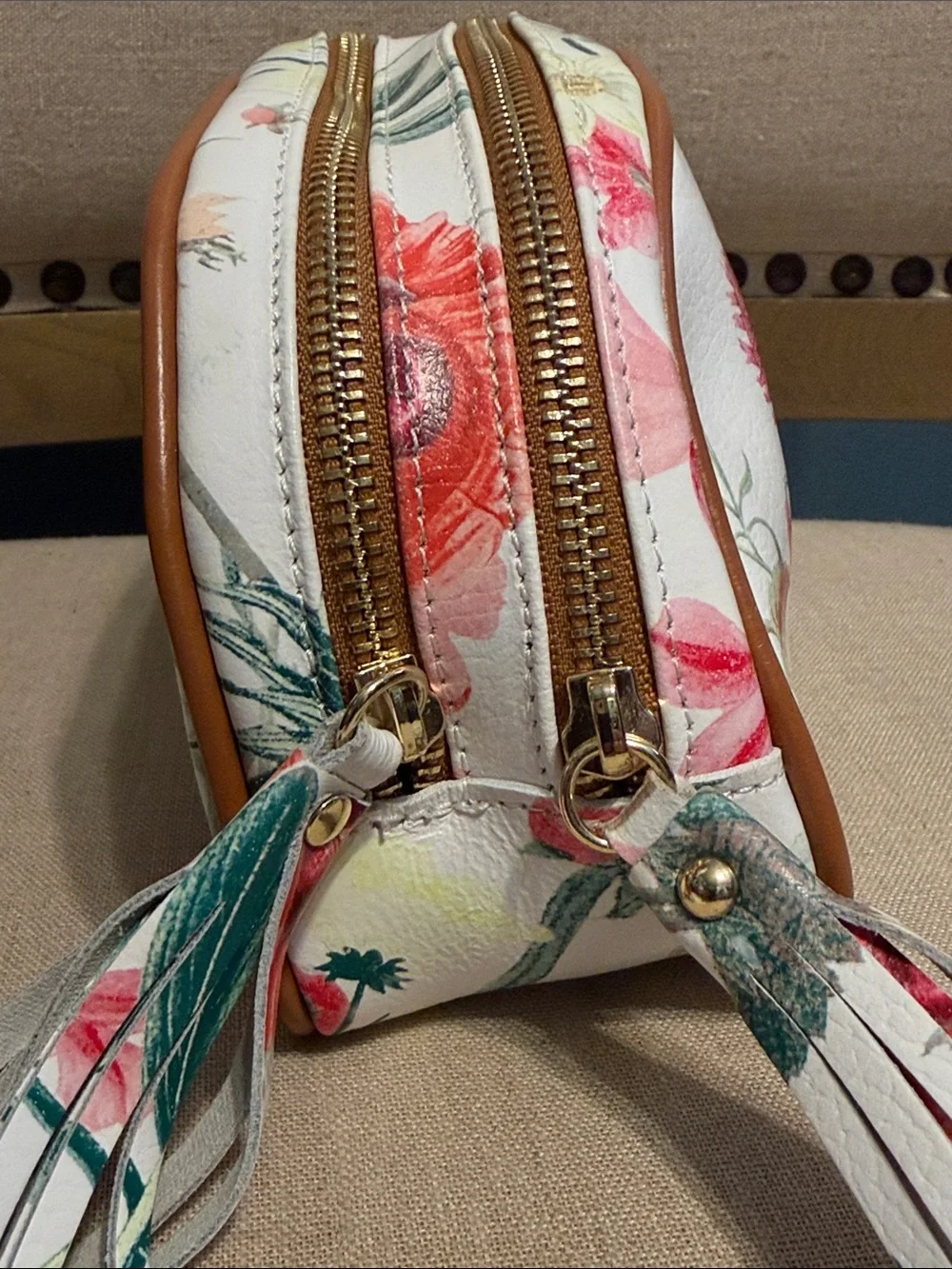 Valentina White Floral Leather Cosmetic Pouch